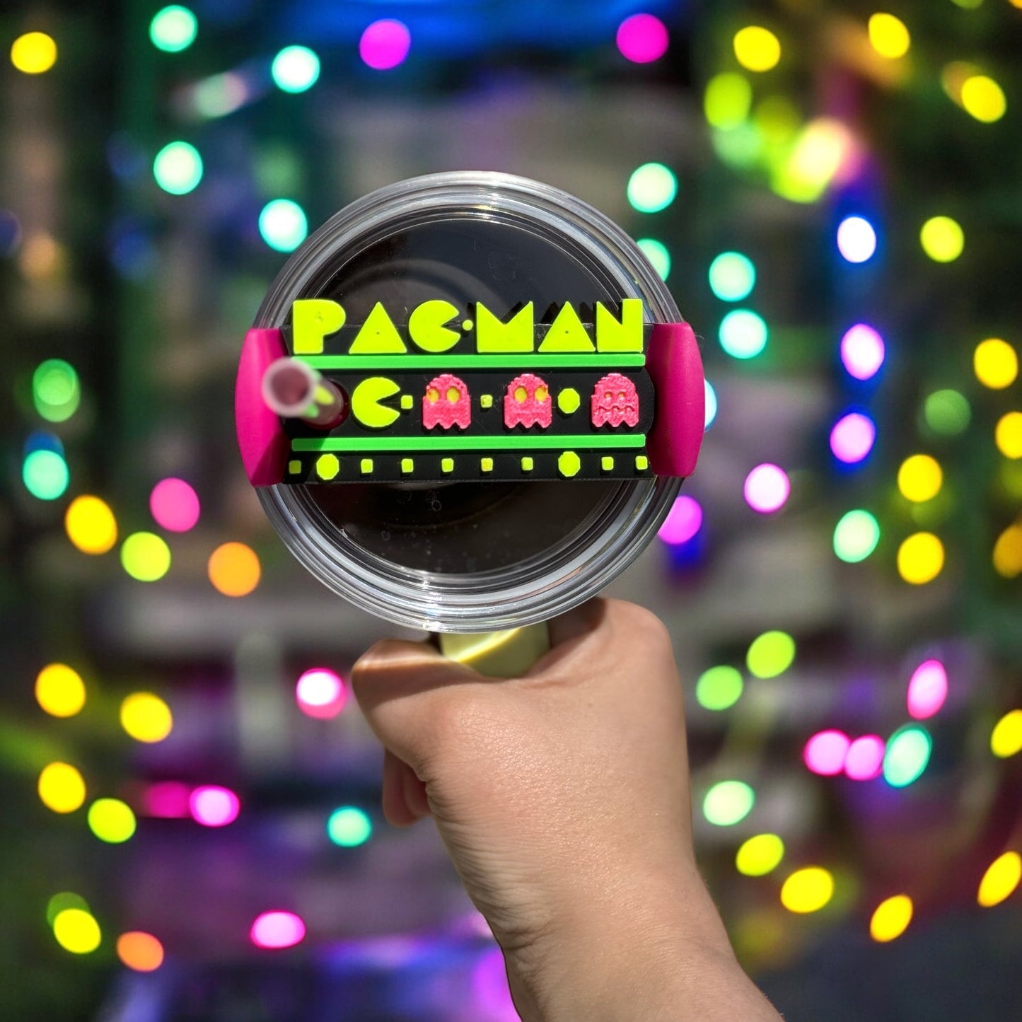 Neon Pac-Man Lid Topper with Name